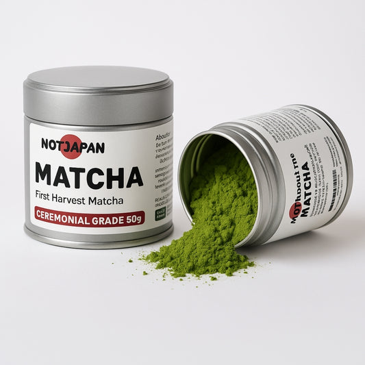 Open can of Not Japan Matcha with green powder spilling out on a white background