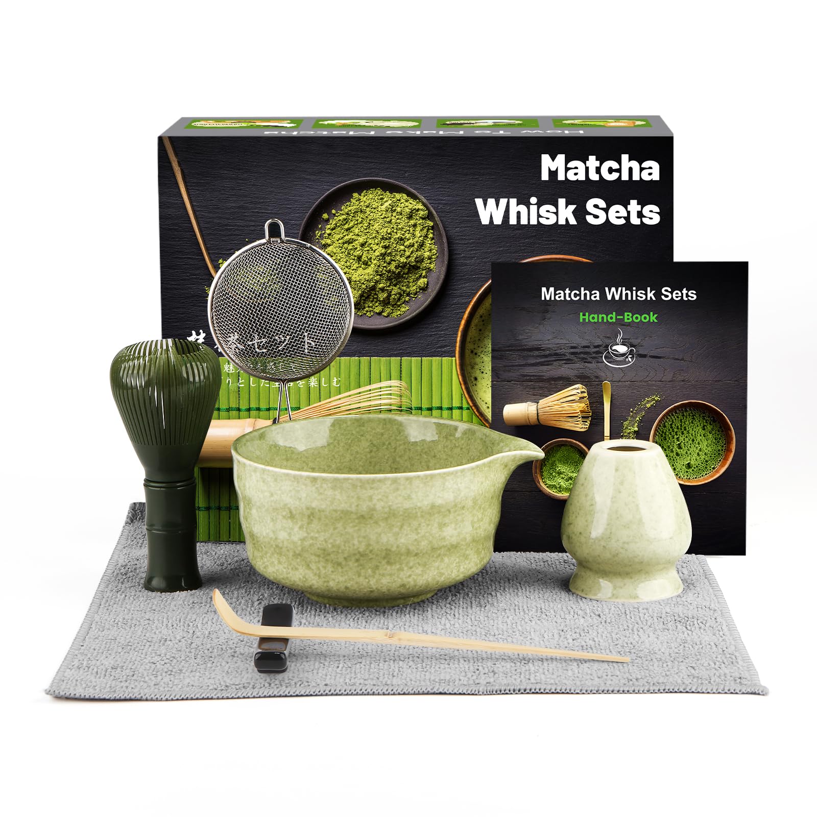 Matcha whisk set with bowl, whisk, and other tools on a gray mat with packaging in the background.