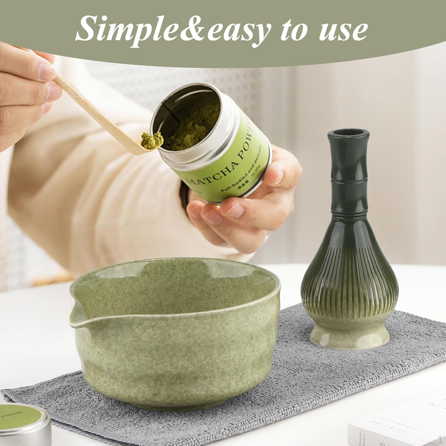 Person using a green matcha powder can to add matcha into a bowl with text 'Simple & easy to use'.